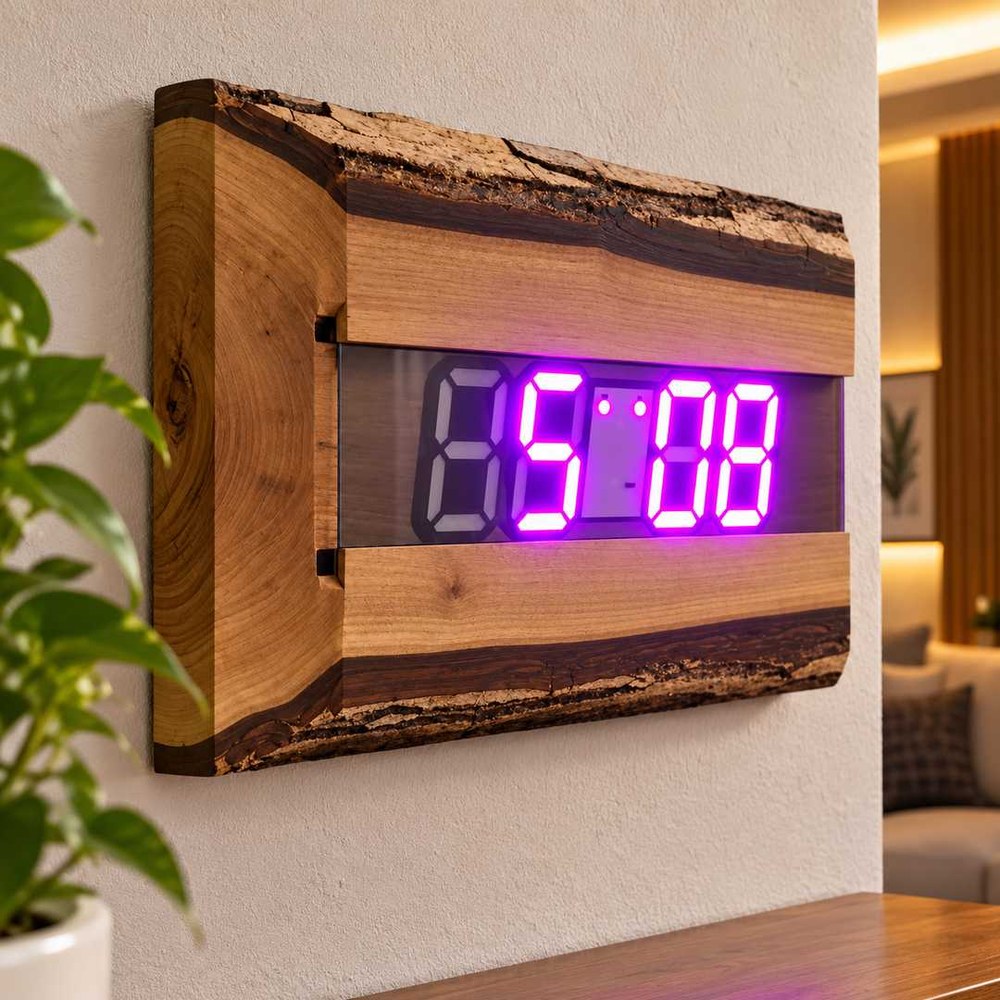LED ekranlı ahşap duvar saati